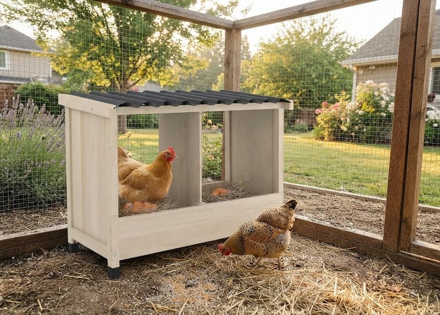 Wooden Chicken Nesting Box in a backyard setting