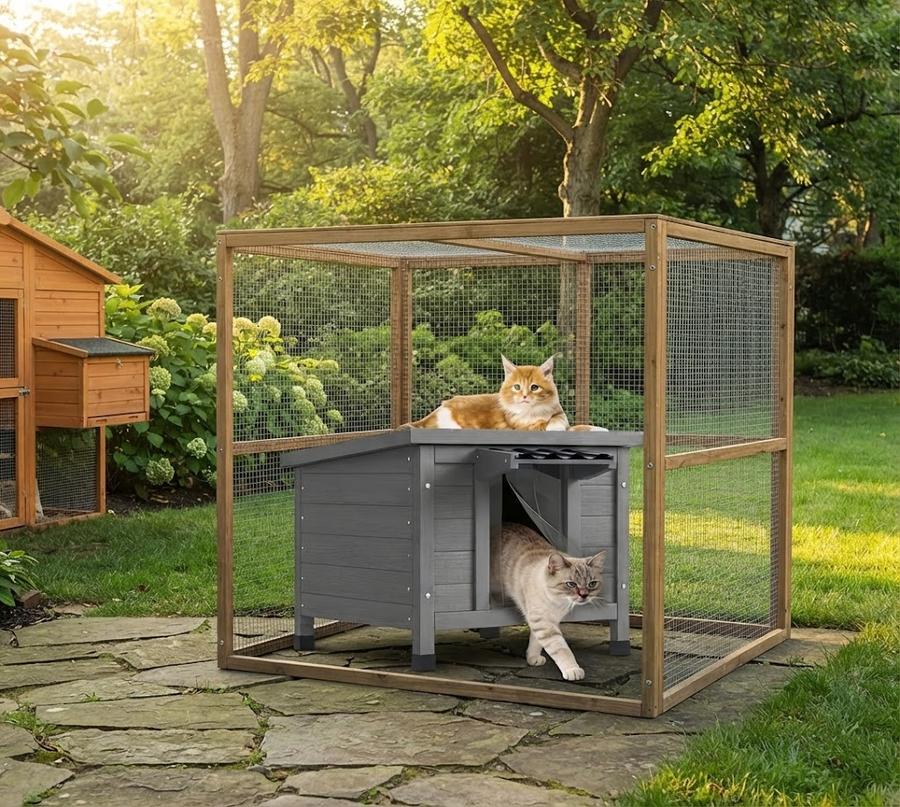 Outdoor Cat House in a backyard setting
