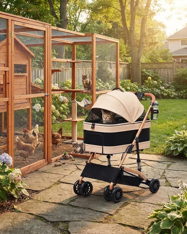 Pet Stroller for Small Dogs and Cats with Detachable Carrier in a backyard setting